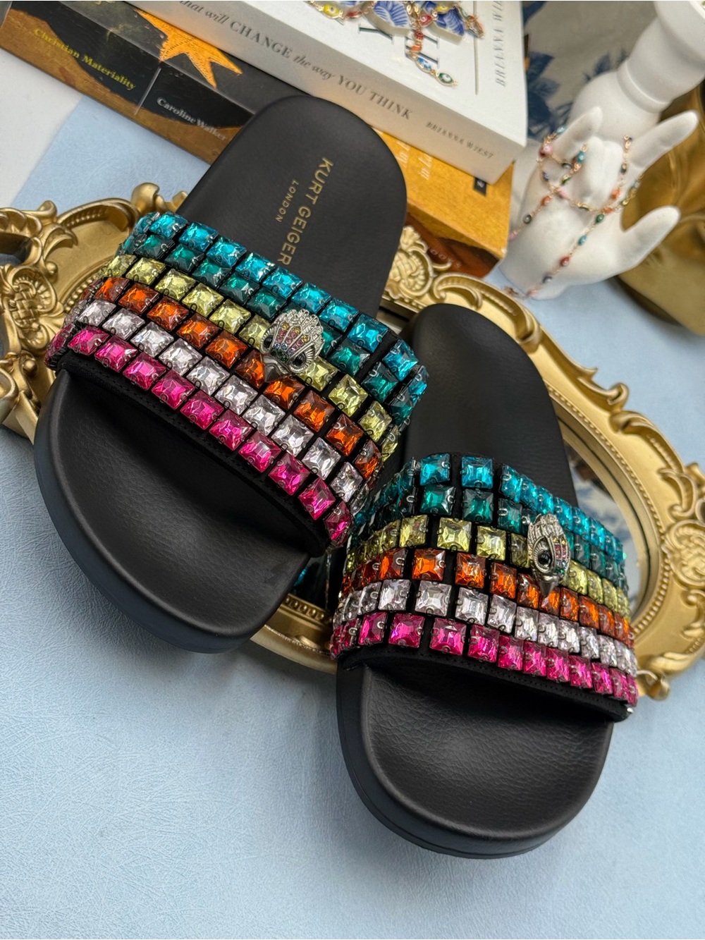 🧿🧿 KURT GEIGER LONDON Meena Eagle Jewel Crystal Studded Slide, Black Rainbow - Picture 14 of 14